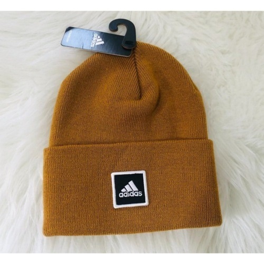 Adidas Unisex Mustard Yellow Cuffed Beanie Knit Hat Square Logo Patch New